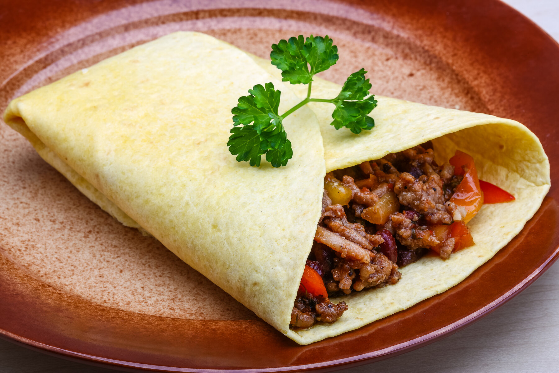 A freshly made burrito with a bright herb garnish on a ceramic plate